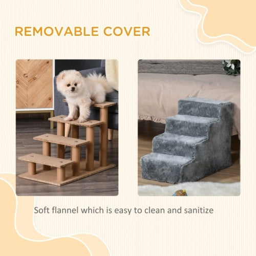 PawHut Four-Step Dog Stairs, With Washable Plush Cover, For High Bed Sofa, Dog Stairs For Small Dog And Cat - Light Grey